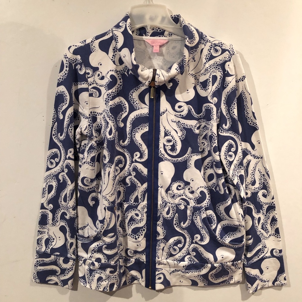 LILLY PULITZER Leona Octopus Full Zip Blue White JACKET L